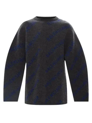 Balenciaga All-Over Logo Wool Knit Top Grey