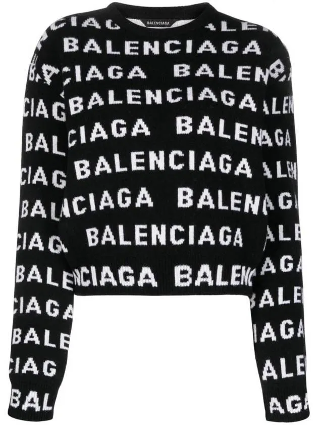 Balenciaga Intarsia All-Over Logo Crew Neck Knit Top Black