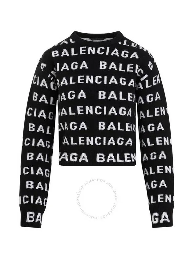 Balenciaga Intarsia All-Over Logo Crew Neck Knit Top Black