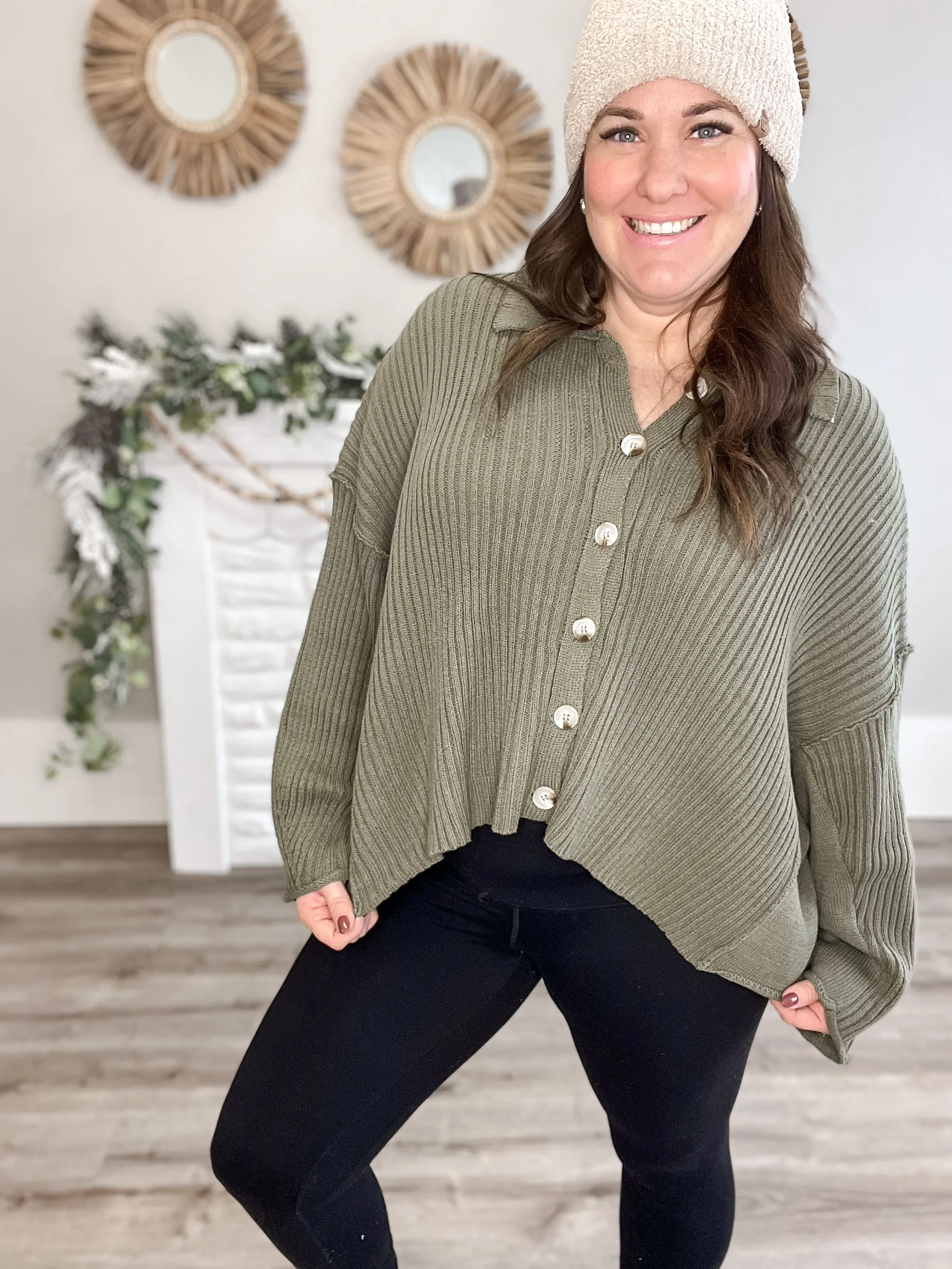 Collared Button Down Sweater - Olive