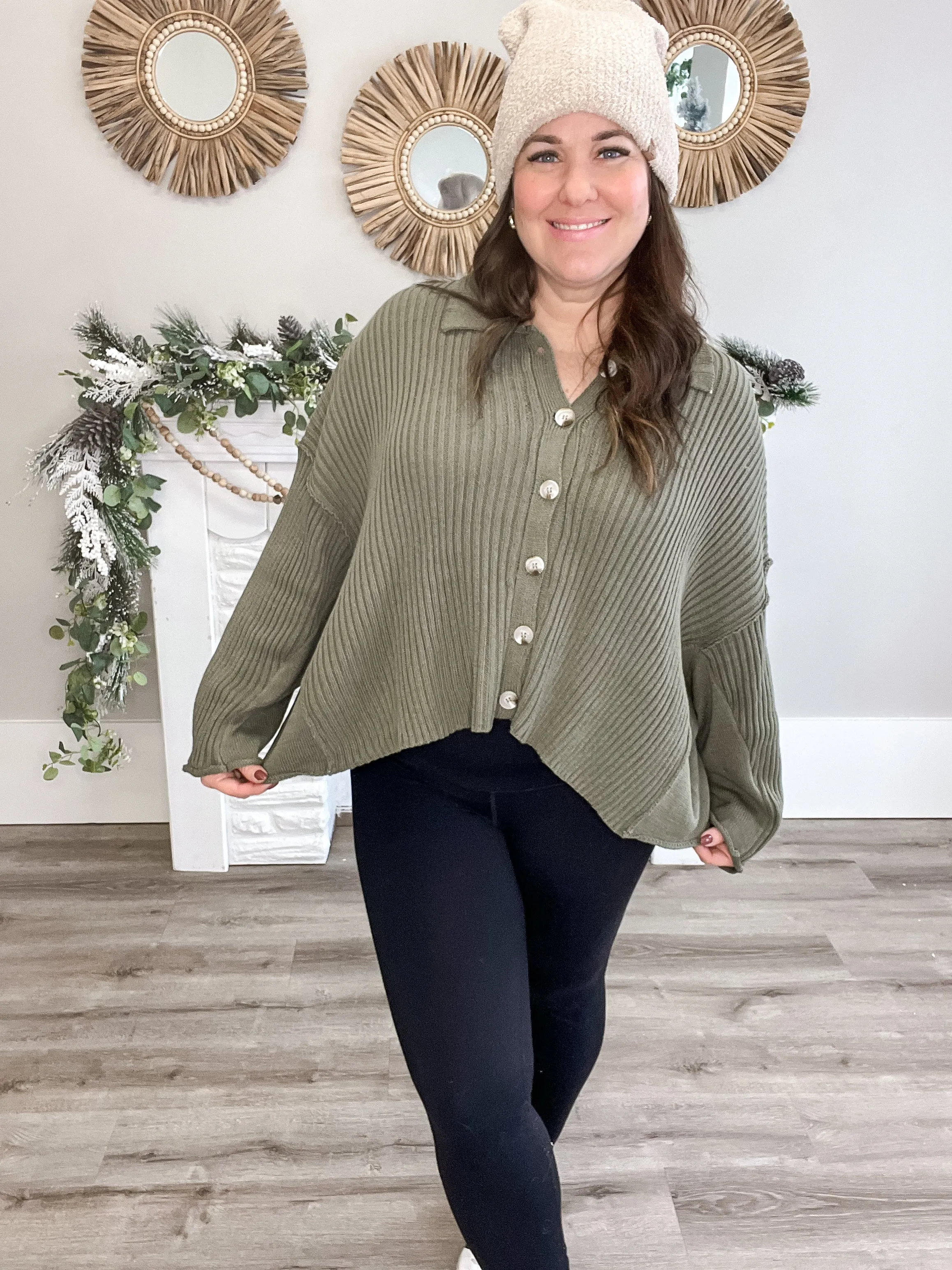 Collared Button Down Sweater - Olive