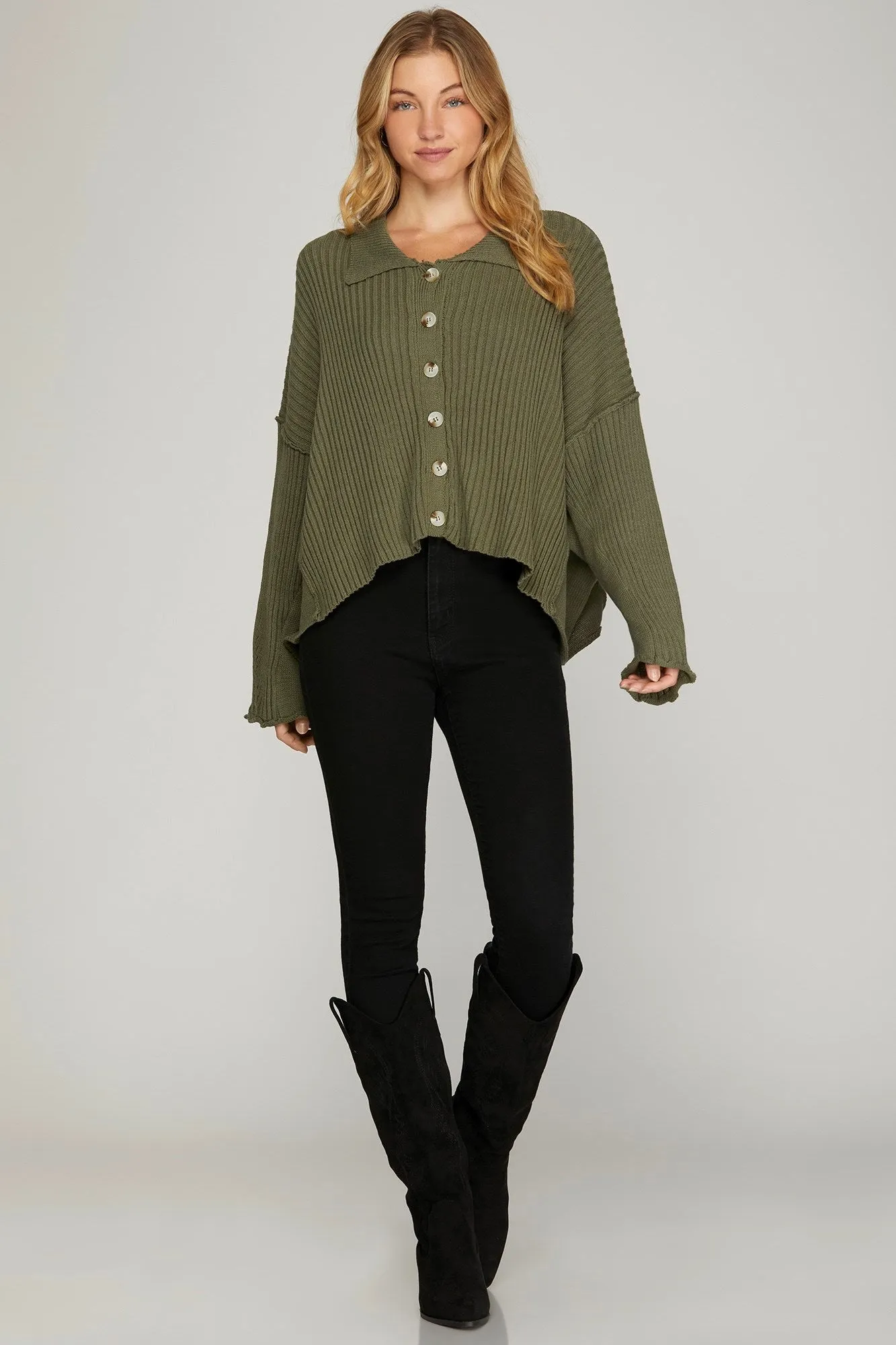 Collared Button Down Sweater - Olive