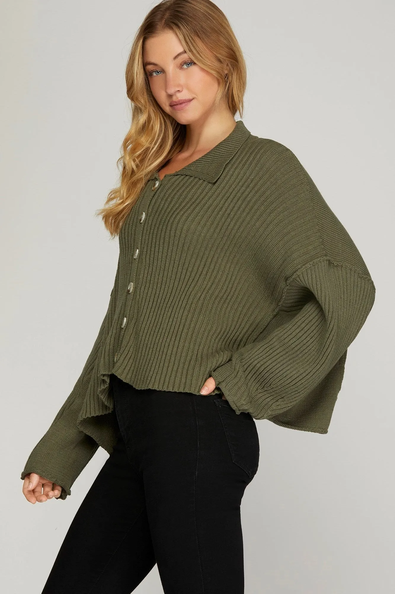 Collared Button Down Sweater - Olive