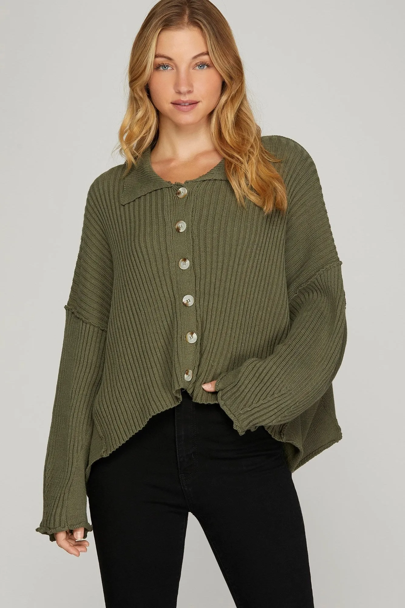 Collared Button Down Sweater - Olive