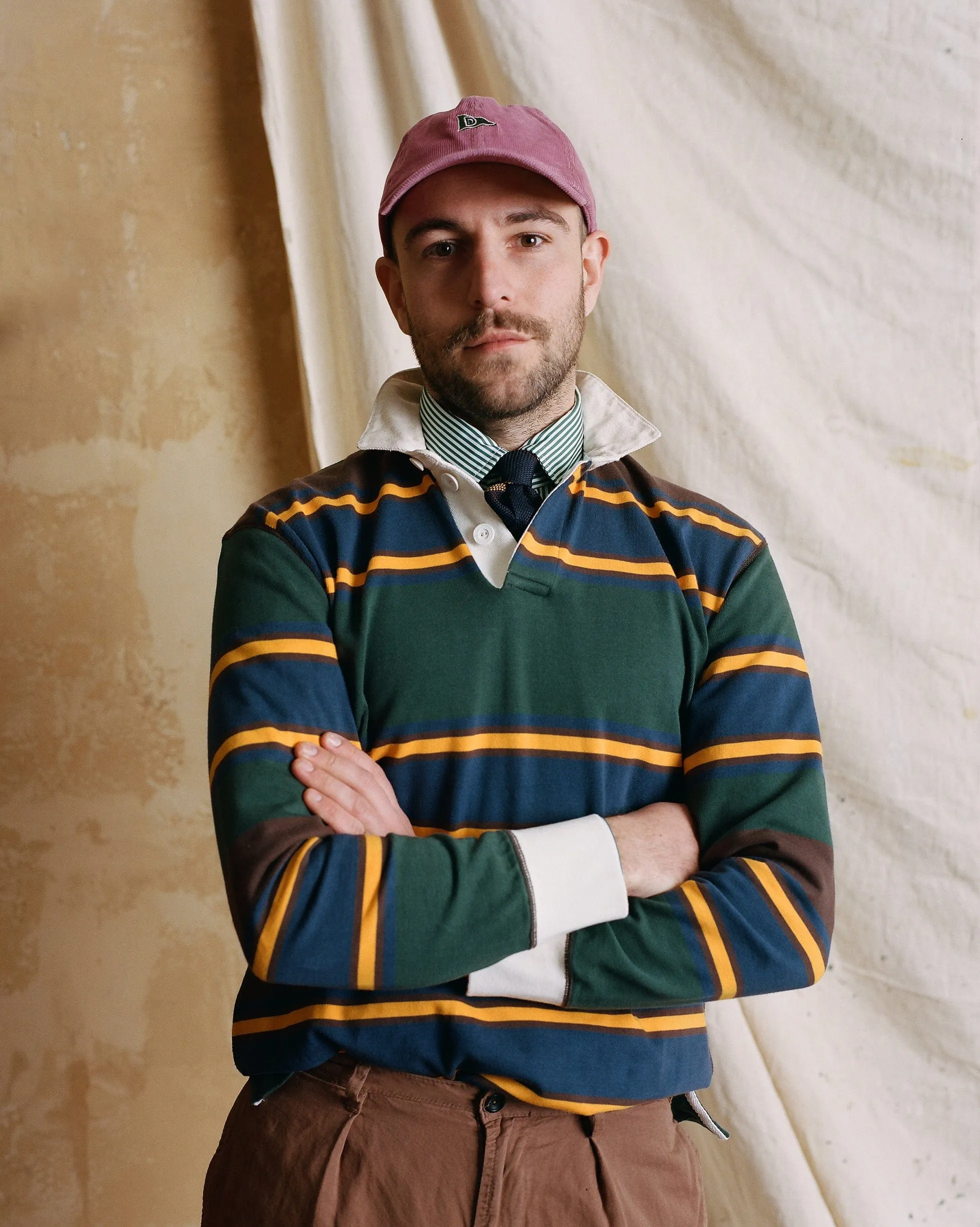 Green. Navy and Gold Stripe Cotton Rugby Shirt