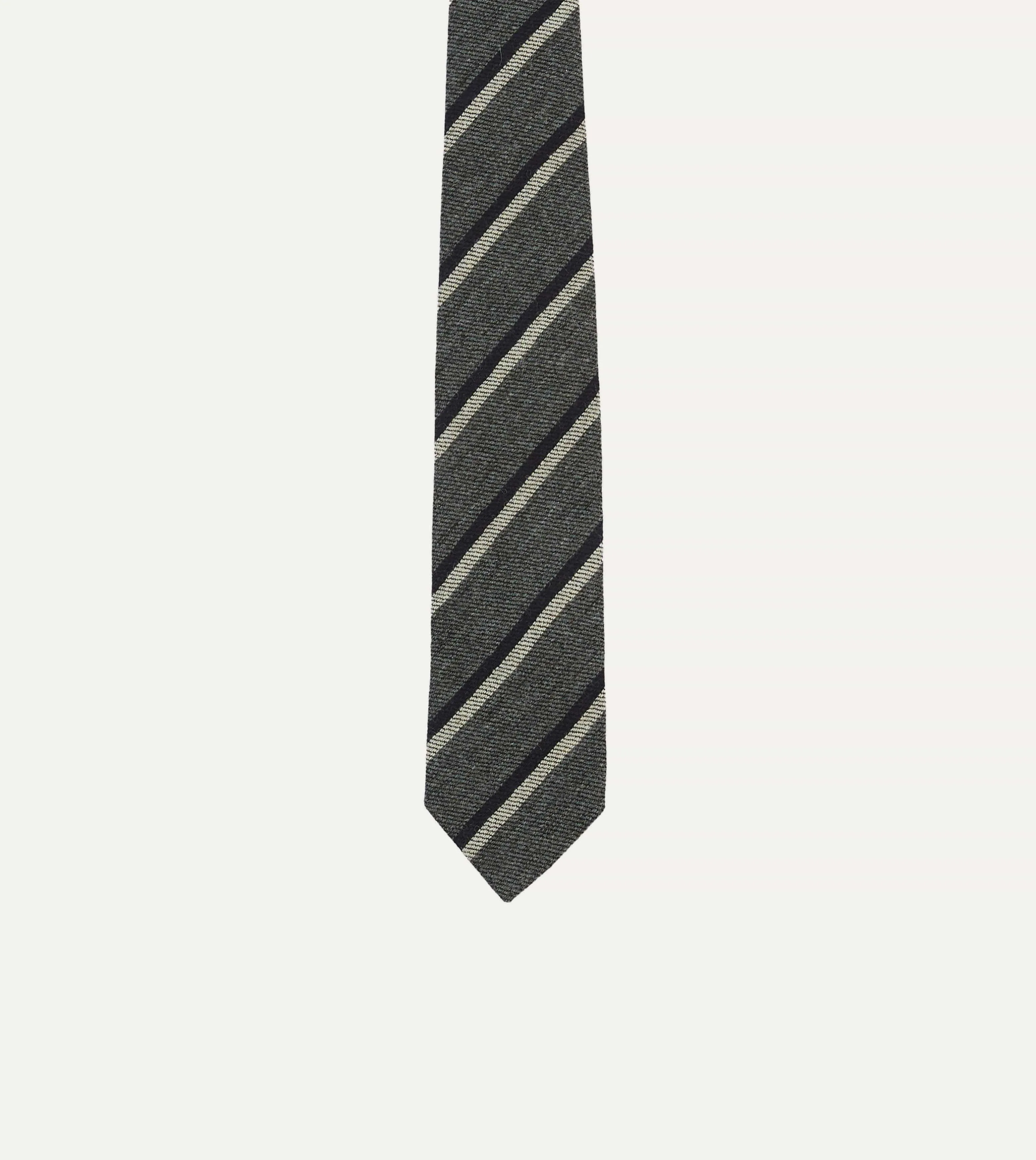 Grey. Navy and White Double Stripe Tipped Wool Tie