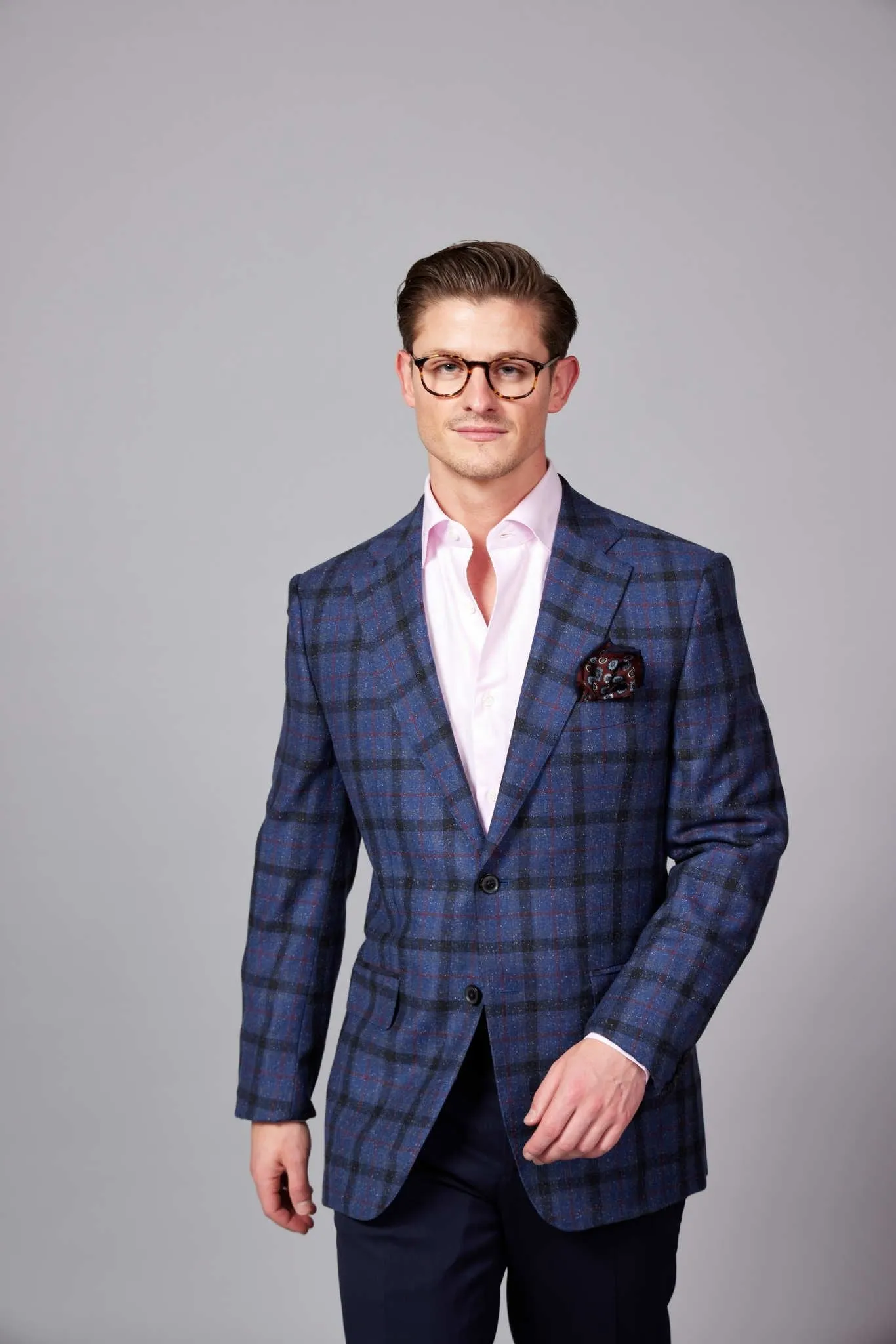 HENRY SARTORIAL x DORMEUIL Blended Wool & Silk Check Jacket BURGUNDY/NAVY REG
