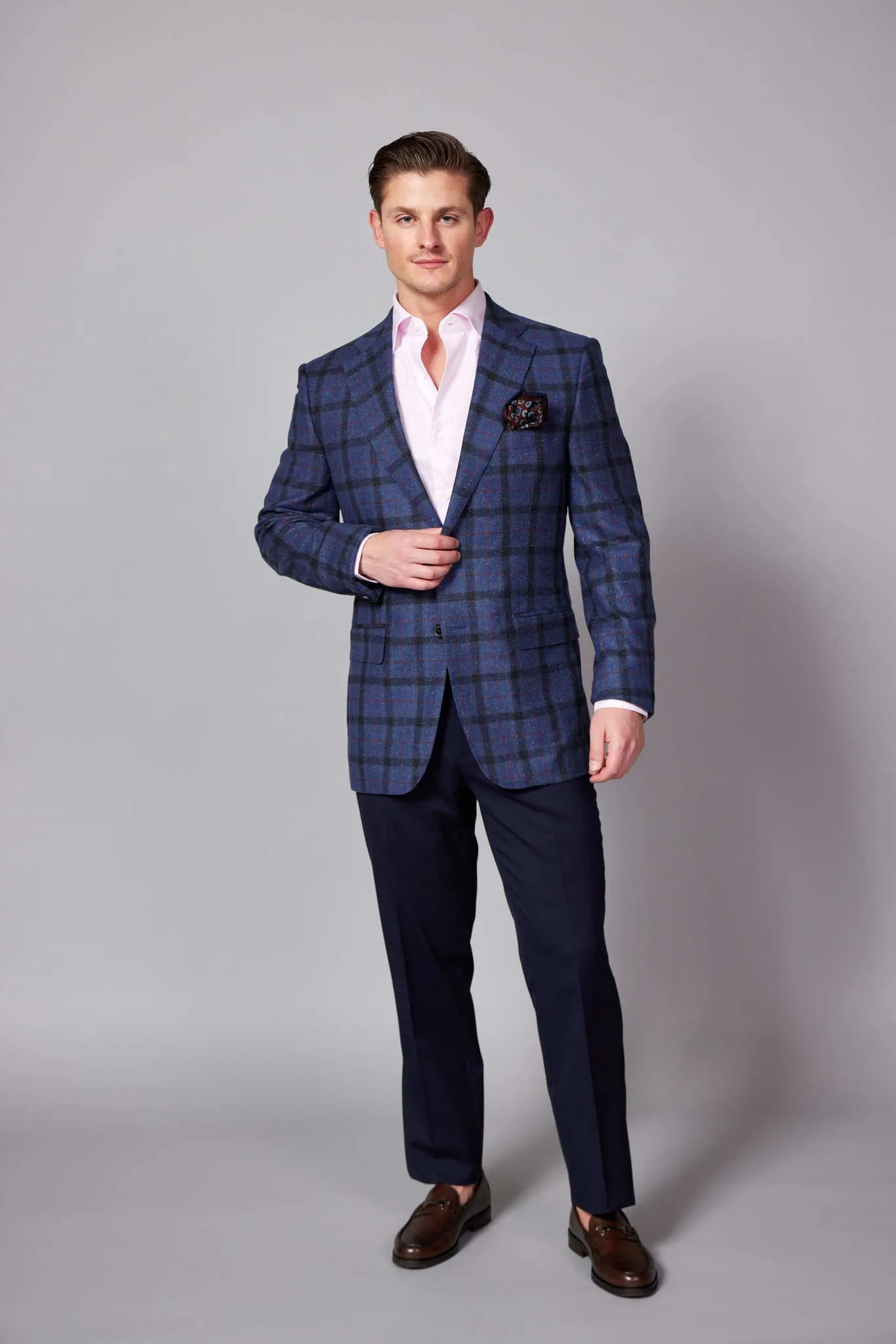 HENRY SARTORIAL x DORMEUIL Blended Wool & Silk Check Jacket BURGUNDY/NAVY REG