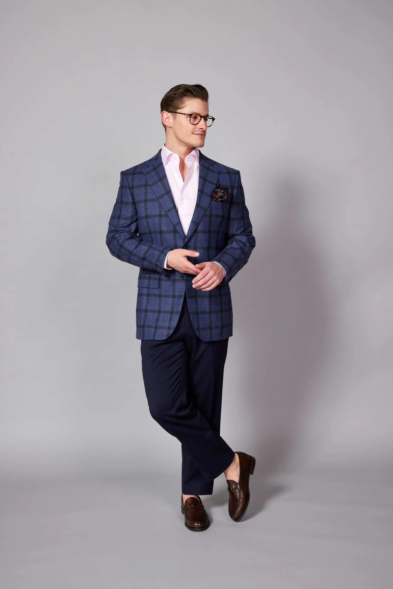 HENRY SARTORIAL x DORMEUIL Blended Wool & Silk Check Jacket BURGUNDY/NAVY REG