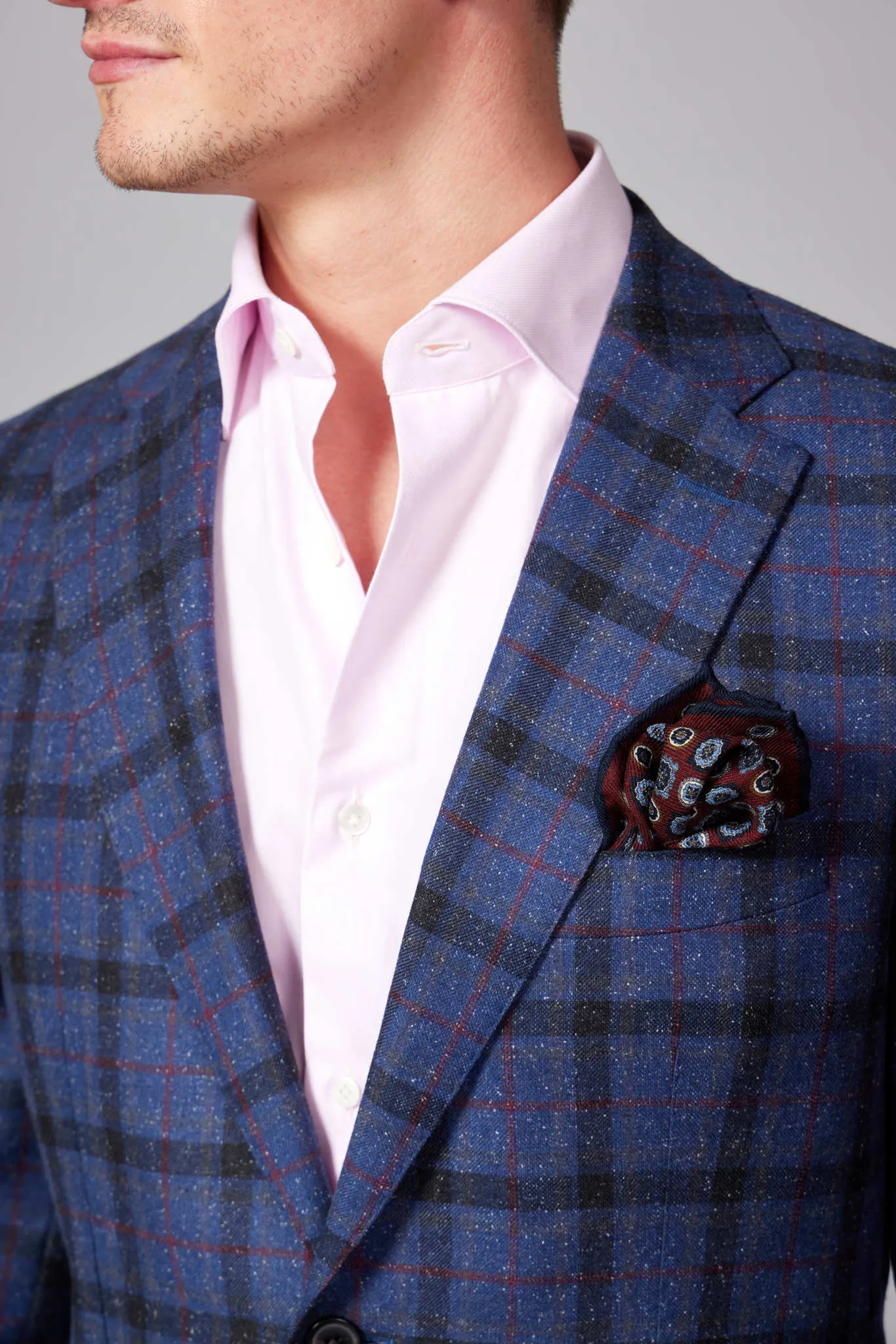 HENRY SARTORIAL x DORMEUIL Blended Wool & Silk Check Jacket BURGUNDY/NAVY REG