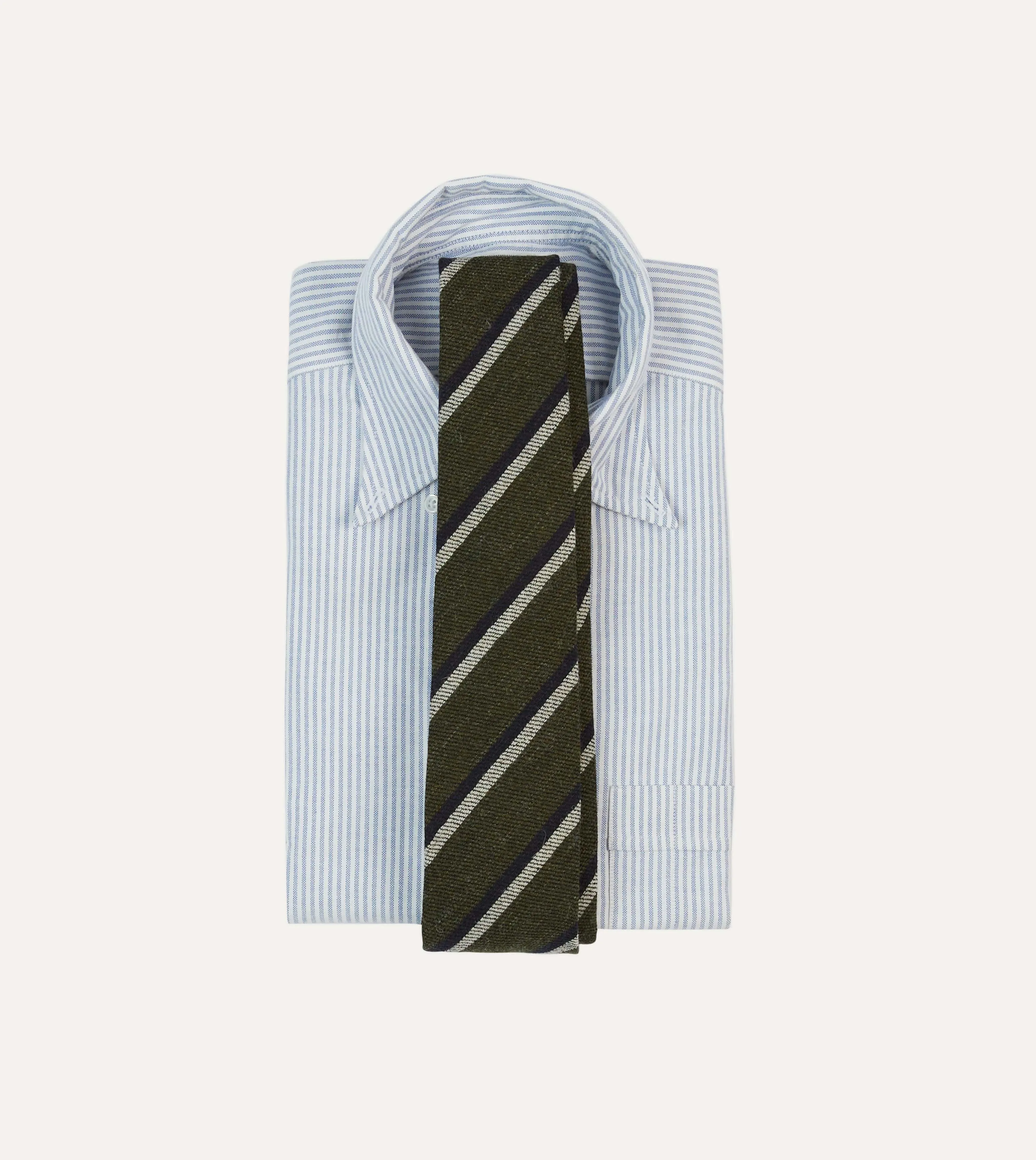 Khaki. White and Navy Double Stripe Tipped Wool Tie