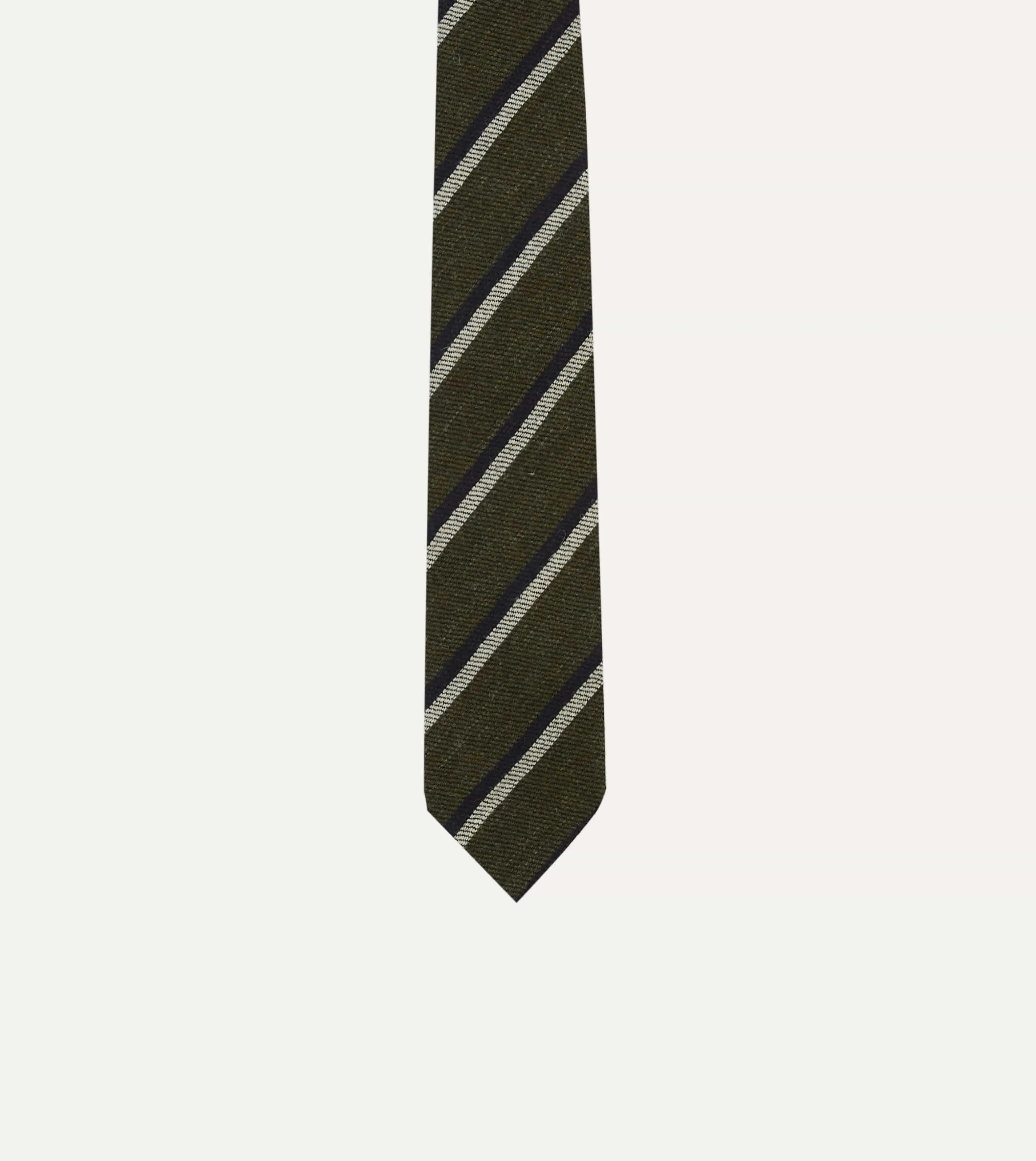 Khaki. White and Navy Double Stripe Tipped Wool Tie